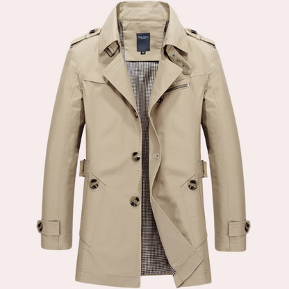 "Elegante khaki trenchcoat heren, klassiek design, geschikt voor lente en herfst, stijlvolle herenjas, modieuze keuze"