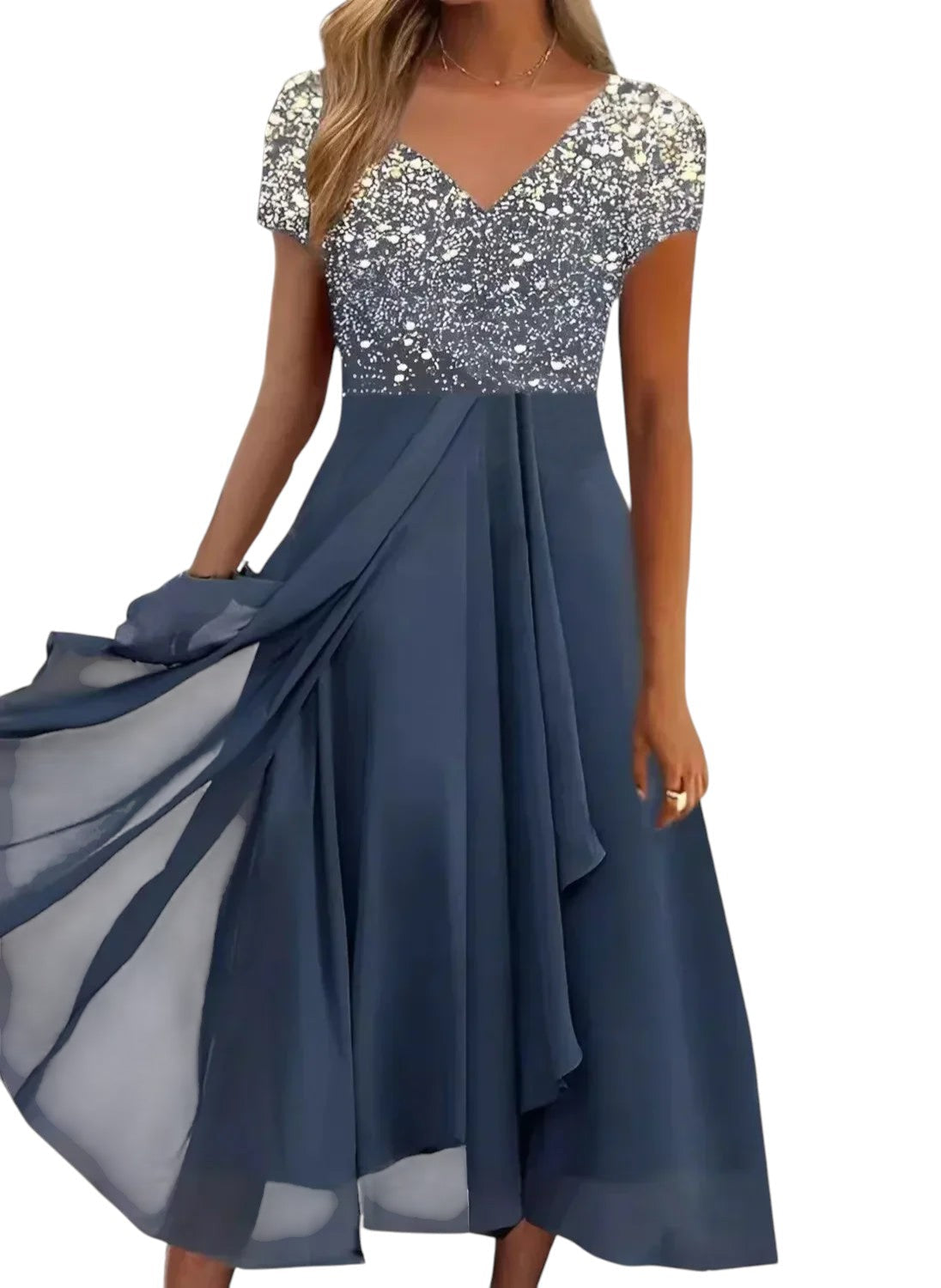 "Elegante lange chiffon feestjurk met V-hals, vloeiend silhouet, perfect voor gala's en chique diners, flatterende pasvorm."