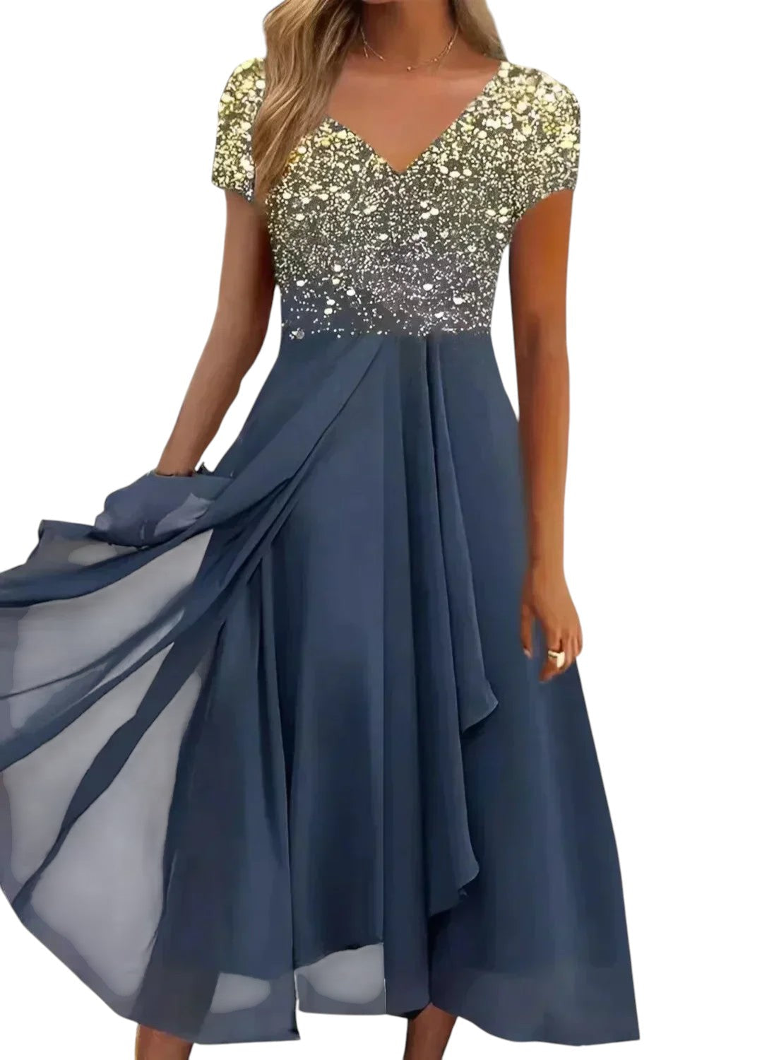 "Elegante lange chiffon feestjurk met V-hals, vloeiend silhouet, perfect voor gala's en chique diners, flatterende pasvorm."