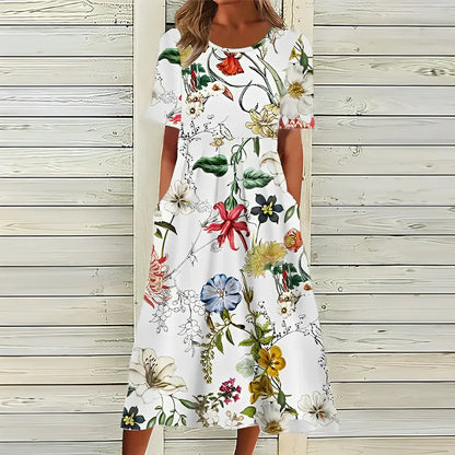 "Elegante Liva Midi-Jurk met luchtige stof en bloemenmotief; perfecte zomerse jurk voor elke gelegenheid."