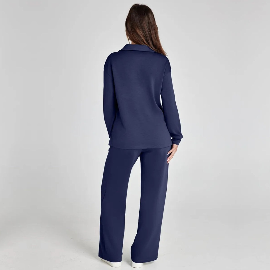 "Elegante loungewear set voor dames met off-shoulder sweater en perfect passende broek, trendy en comfortabel zichtbaar."