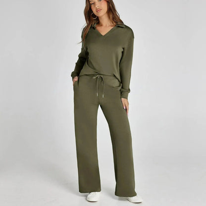 "Elegante loungewear set voor dames met off-shoulder sweater en perfect passende broek, trendy en comfortabel zichtbaar."