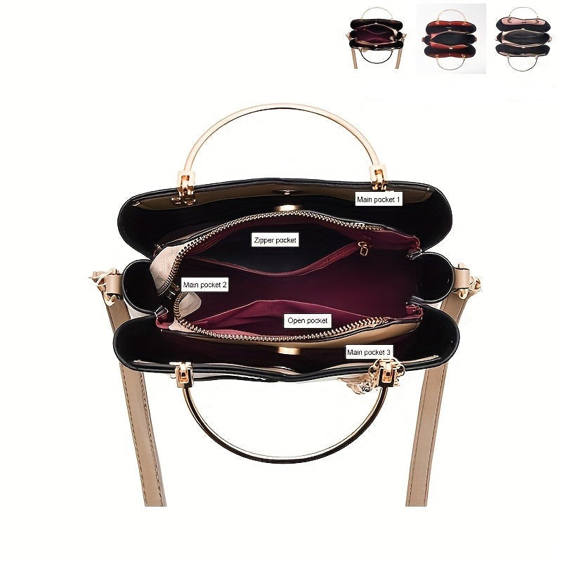 "Elegante luxe leren handtas met stijlvol kleurblokontwerp en kwastjes, perfect voor de moderne vrouw, frontaal gezien."