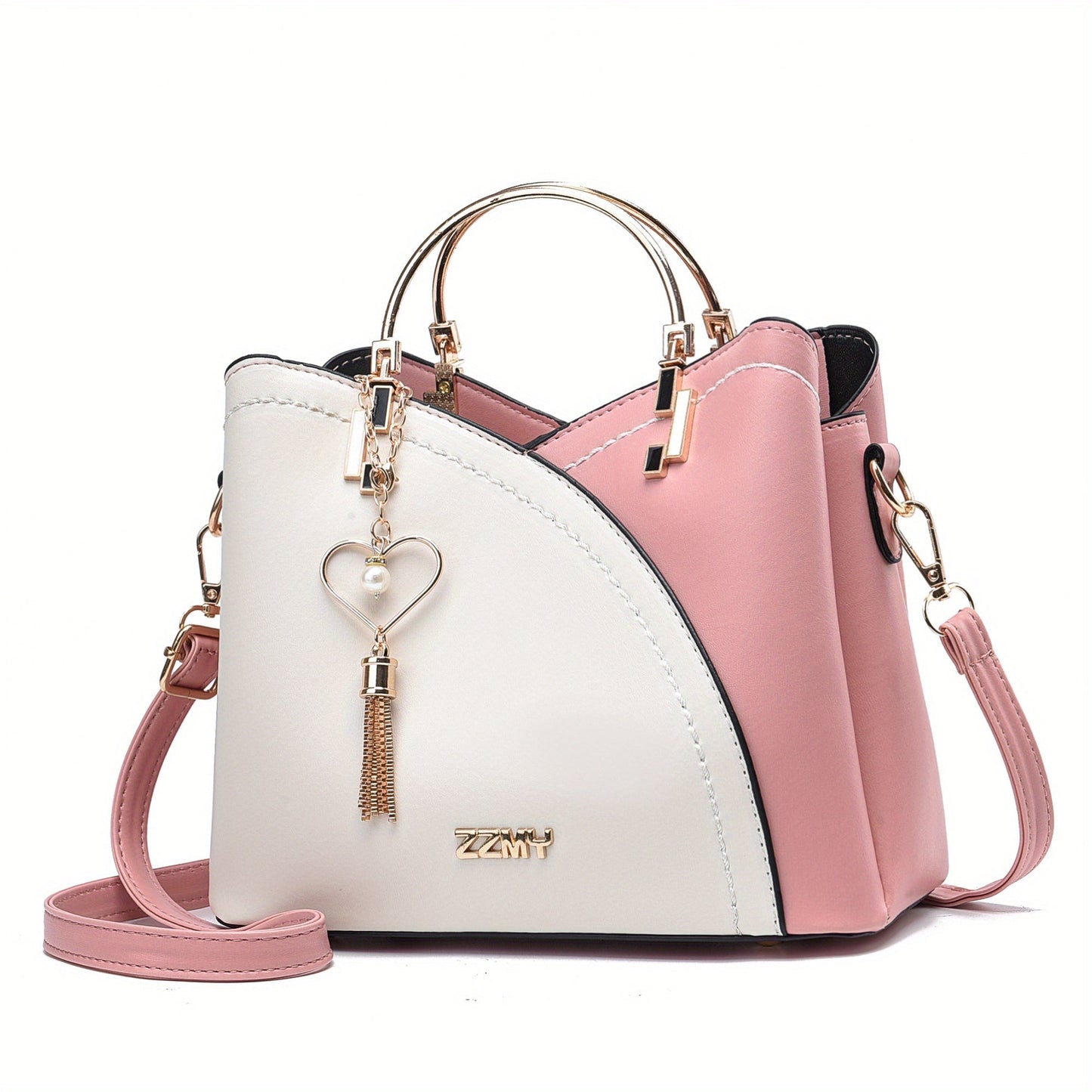 "Elegante luxe leren handtas met stijlvol kleurblokontwerp en kwastjes, perfect voor de moderne vrouw, frontaal gezien."