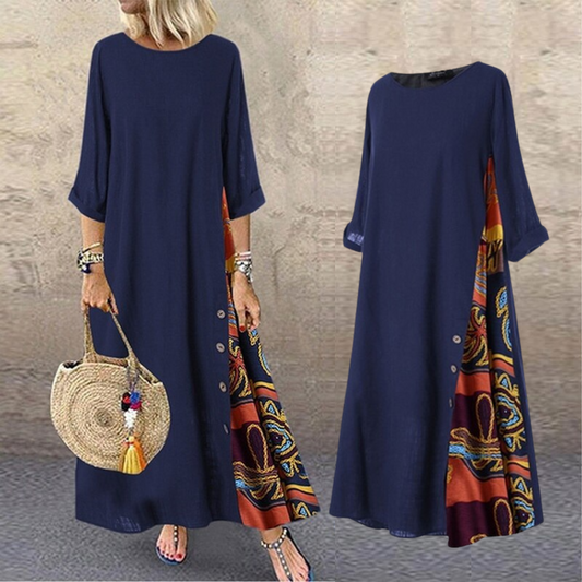 "Elegante maxi zomerjurk voor dames in katoen en linnen, O-hals, zijaanzicht, subtiele zijknoppen, comfortabel en stijlvol."