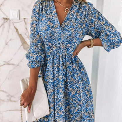 "Elegante midi zomerjurk voor dames met korte mouwen en V-hals, beschikbaar in roze, blauw en groen."