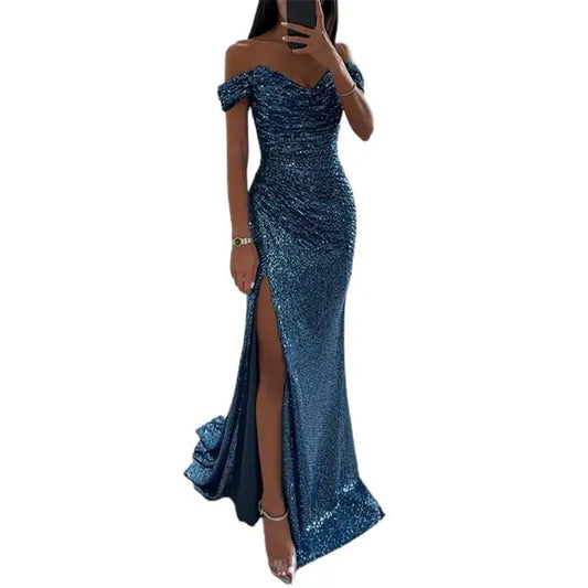 "Elegante off-shoulder maxi jurk met lovertjes, geplooide mouwen en V-hals, geschikt voor avondfeesten of chique gelegenheden