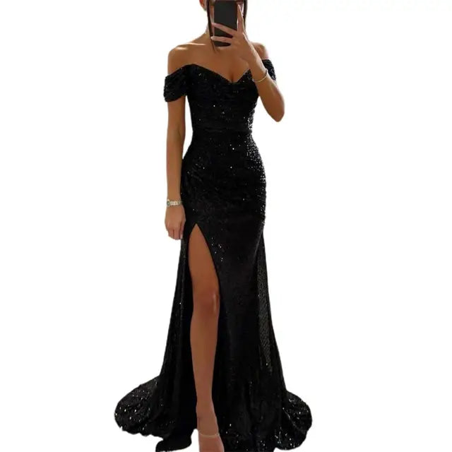 "Elegante off-shoulder maxi jurk met lovertjes, geplooide mouwen en V-hals, geschikt voor avondfeesten of chique gelegenheden
