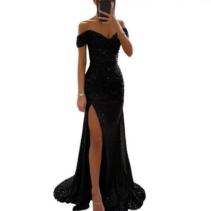 "Elegante off-shoulder maxi jurk met lovertjes, geplooide mouwen en V-hals, geschikt voor avondfeesten of chique gelegenheden