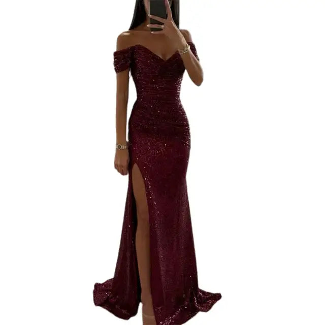 "Elegante off-shoulder maxi jurk met lovertjes, geplooide mouwen en V-hals, geschikt voor avondfeesten of chique gelegenheden