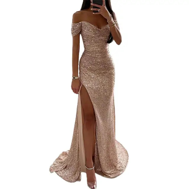 "Elegante off-shoulder maxi jurk met lovertjes, geplooide mouwen en V-hals, geschikt voor avondfeesten of chique gelegenheden