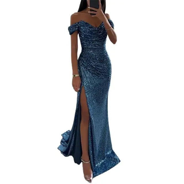 "Elegante off-shoulder maxi jurk met lovertjes, geplooide mouwen en V-hals, geschikt voor avondfeesten of chique gelegenheden
