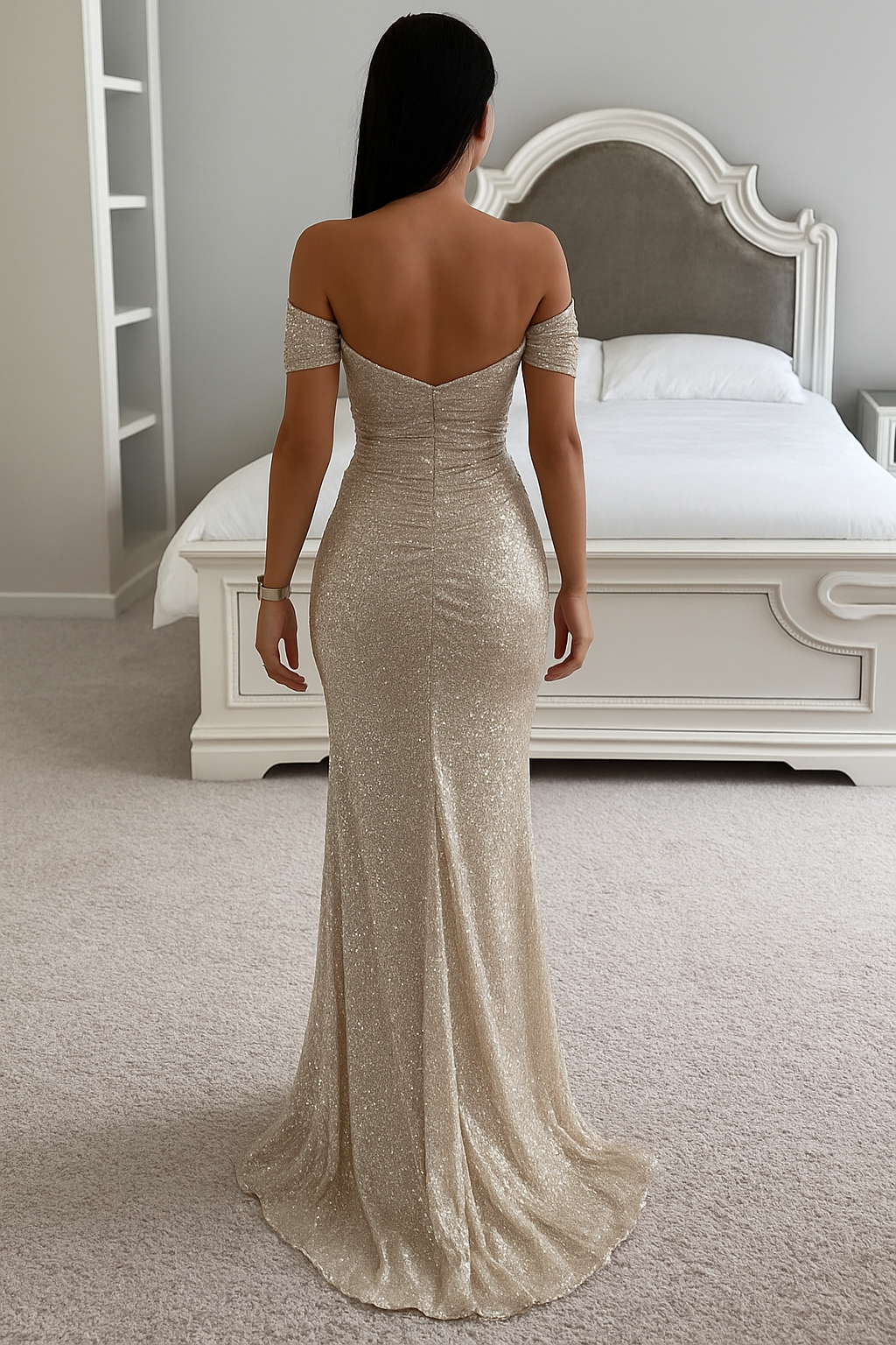 "Elegante off-shoulder maxi jurk met lovertjes, geplooide mouwen en V-hals, geschikt voor avondfeesten of chique gelegenheden