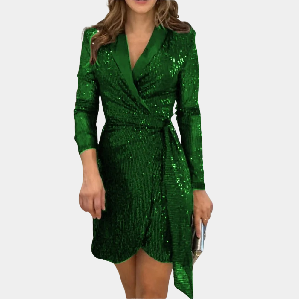 "Elegante rode blazerjurk met pailletten, diepe V-hals en ceintuur voor feestelijke gelegenheden, moderne en klassieke stijl.