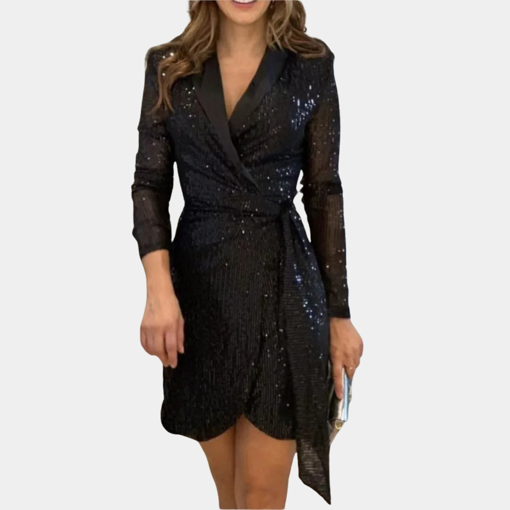 "Elegante rode blazerjurk met pailletten, diepe V-hals en ceintuur voor feestelijke gelegenheden, moderne en klassieke stijl.