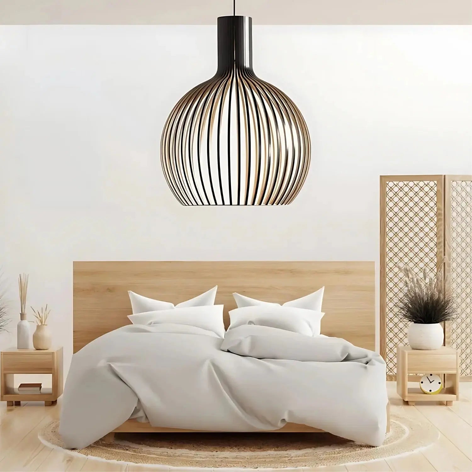 "Elegante Scandinavische houten hanglamp, minimalistisch design, verstelbare kabel, natuurlijke uitstraling, warme gloed."