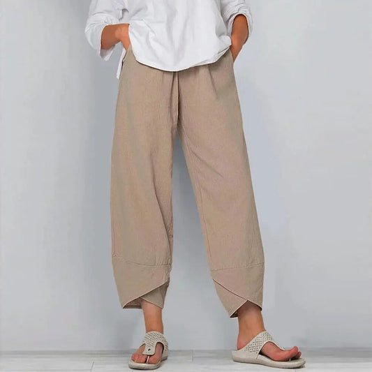 "Elegante Silvia Linnen Broek met relaxte pasvorm, elastische taille en zijzakken, perfect voor casual en comfort."