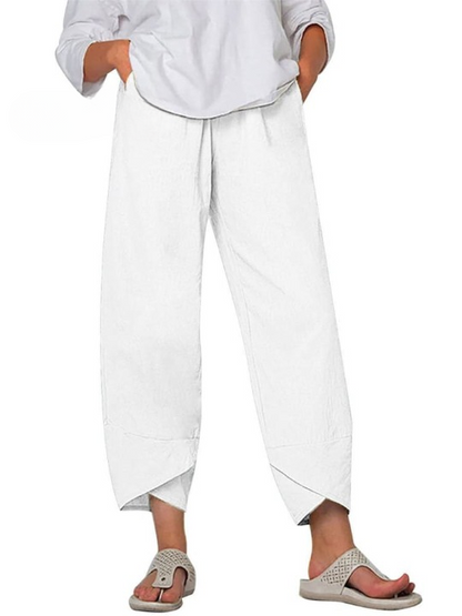 "Elegante Silvia Linnen Broek met relaxte pasvorm, elastische taille en zijzakken, perfect voor casual en comfort."