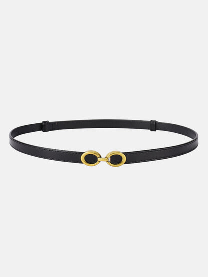 "Elegante smalle damesriem van leer met moderne gouden ringengesp, ideaal voor elke stijlvolle outfit"