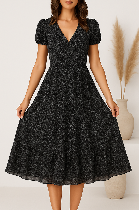 Elegante V-hals jurk met korte mouwen, luchtige chiffon stof, subtiele print, perfect voor formele en casual gelegenheden.