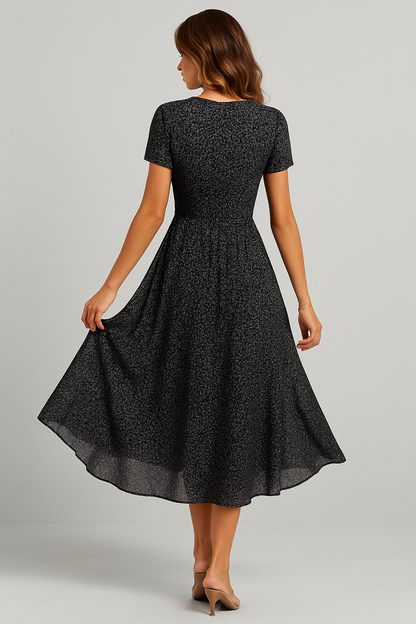 Elegante V-hals jurk met korte mouwen, luchtige chiffon stof, subtiele print, perfect voor formele en casual gelegenheden.