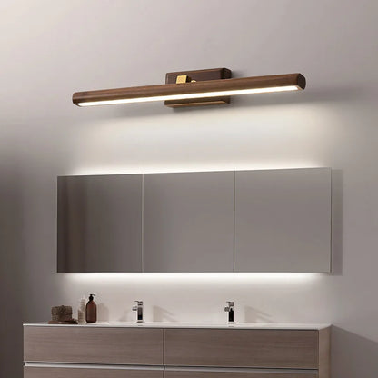 "Elegante wandlamp van zwarte walnoot met LED-verlichting, strakke afwerking, natuurlijke patronen, voor sfeervol interieur."