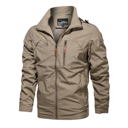 "Elegante winddichte herenjas, lichtgewicht, waterafstotend, verkrijgbaar in blauw, grijs, groen, khaki, zwart."