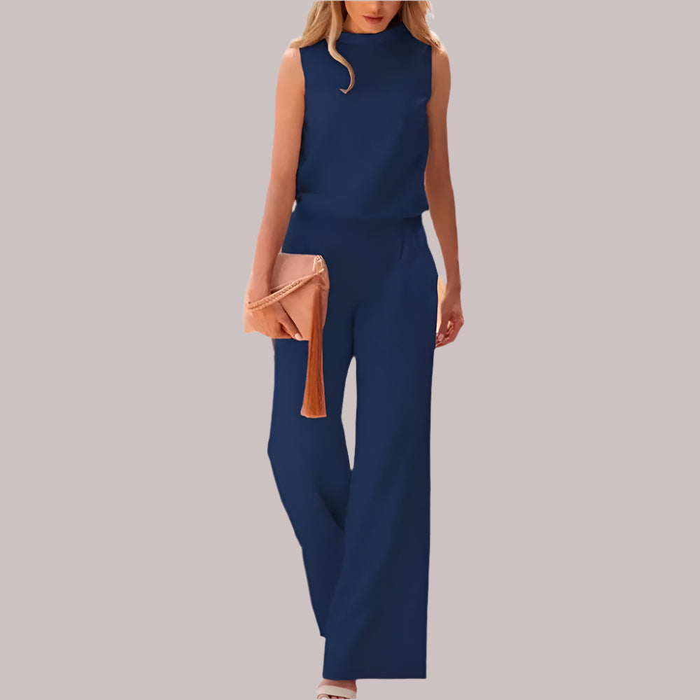 Elegante zijde jumpsuit in pastelkleuren, mouwloos met wijde pijpen, perfect voor stijlvolle en glamoureuze gelegenheden.