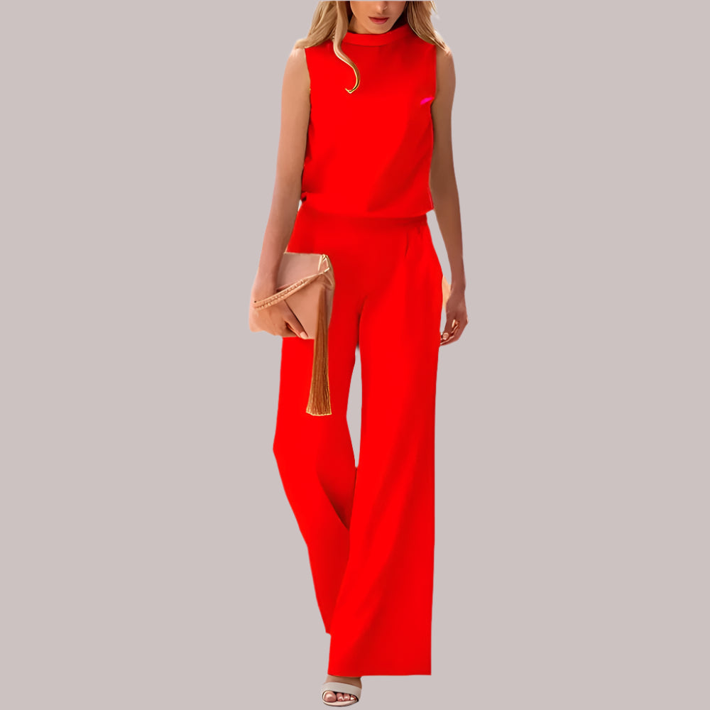 Elegante zijde jumpsuit in pastelkleuren, mouwloos met wijde pijpen, perfect voor stijlvolle en glamoureuze gelegenheden.