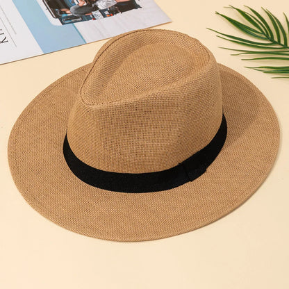 "Elegante zomerhoed van stro met brede rand voor UV-bescherming, verstelbare pasvorm, geschikt voor heren en dames."