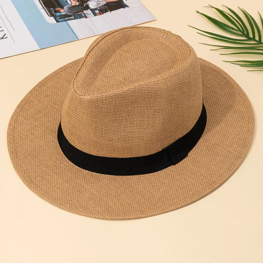 "Elegante zomerhoed van stro met brede rand voor UV-bescherming, verstelbare pasvorm, geschikt voor heren en dames."