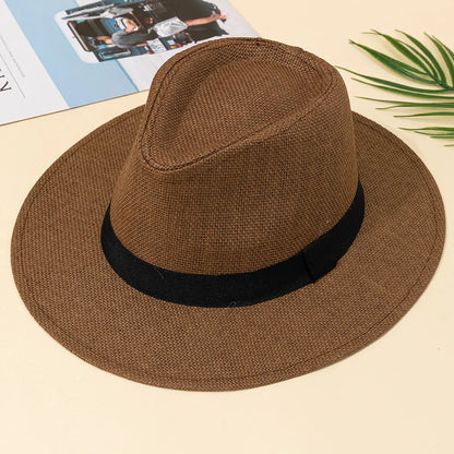"Elegante zomerhoed van stro met brede rand voor UV-bescherming, verstelbare pasvorm, geschikt voor heren en dames."