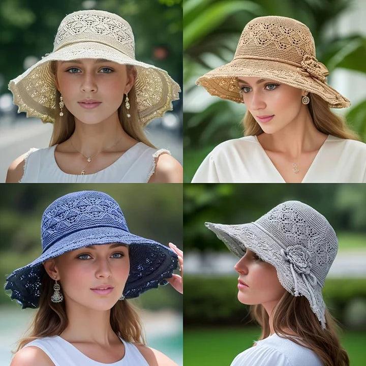 Vrouw draagt elegante dames zonnehoed met brede rand. Perfecte stijlvolle accessoire voor zomerse dagen aan het strand.