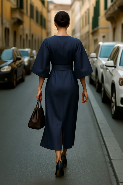 "Elegante zwarte midi-jurk met wijde mouwen, verfijnde tailleband en luxe stof, ideaal voor elke gelegenheid."