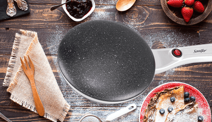"Elektrische crêpe maker met antiaanbaklaag, groot kookoppervlak en compacte vorm; ideaal voor pannenkoeken en crêpes."