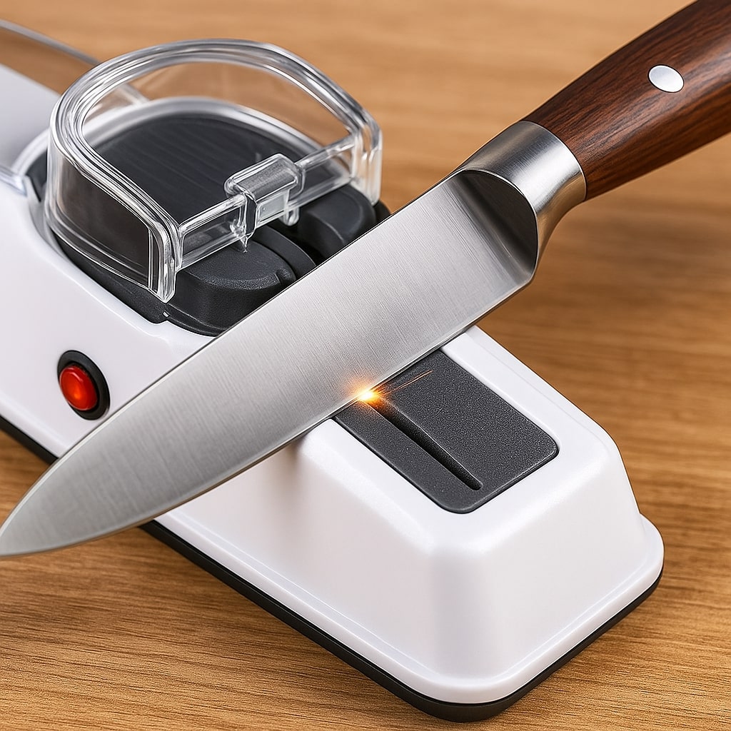 Compacte USB-oplaadbare messenslijpmachine, ideaal voor elk keukenmes en eenvoudig in gebruik.