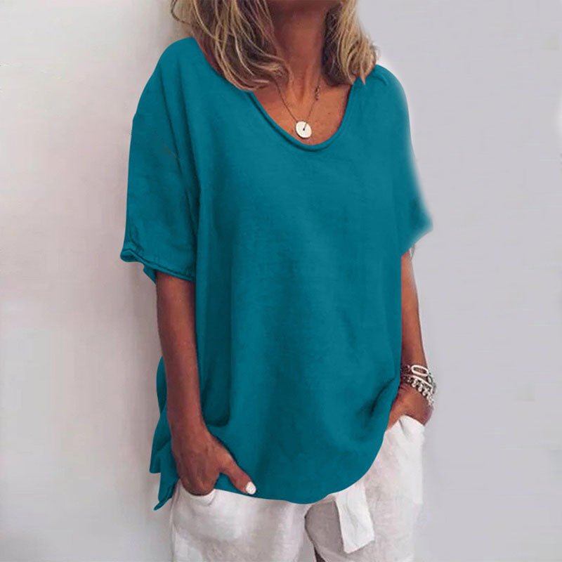 Dames T-shirt met ruime pasvorm en V-hals, een casual en comfortabele zomertop.