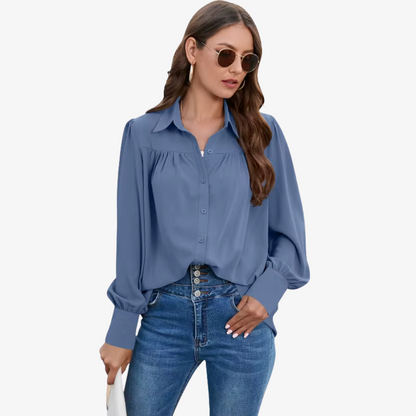 "Elin chiffon blouse met luchtige lantern-mouwen en knoopsluiting, ideale stijlvolle damesmode in diverse kleuren."