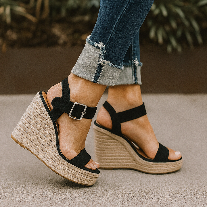 Elegante zwarte dames sandalen met verstelbare bandjes en comfortabele sleehak; perfecte orthopedische zomerschoenen met open teen.
