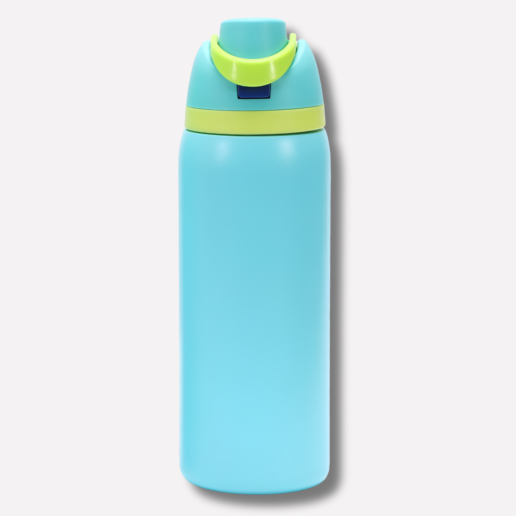 Grote, roestvrijstalen waterfles met elegant design en ingebouwd drinkrietje.