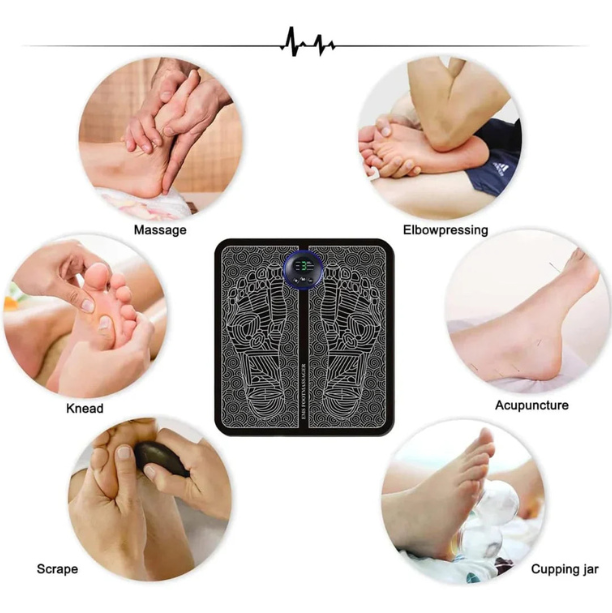 EMS mat voor spierstimulatie en ontspanning, helpt bij vermoeidheid en stressvermindering in de voeten.