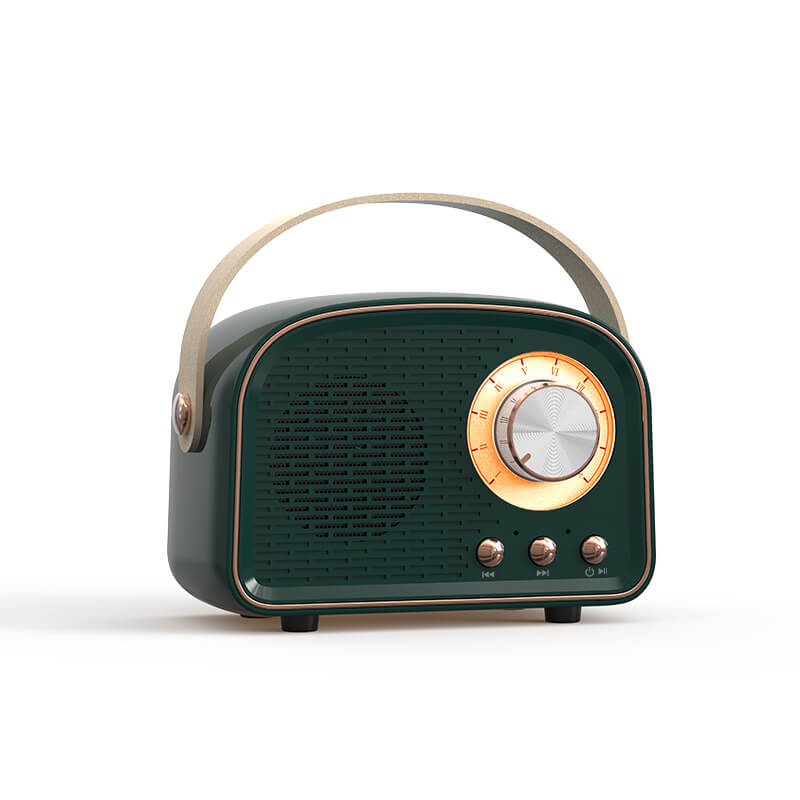Vintage draagbare Bluetooth speaker met FM-radio voor muziek en audio. Verkrijgbaar in groen.