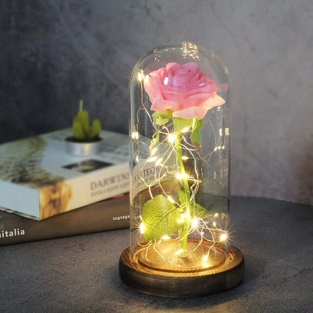 Sfeervolle kunstbloem: rode eeuwige roos met warm wit LED licht, elegant gepresenteerd in glazen stolp.