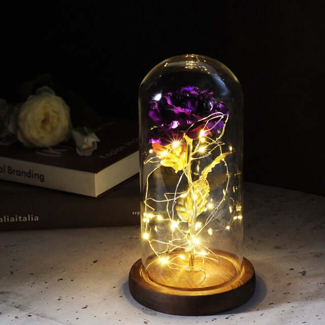 Creëer sfeer met deze decoratieve LED eeuwige roos in glazen stolp, een betoverend sfeerlicht.