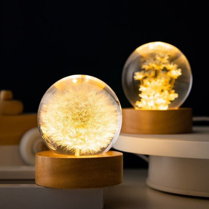 Sfeervolle kristallen bol lamp met ingelegde eeuwige bloemen. Ideaal als uniek cadeau of stijlvolle USB decoratielamp.