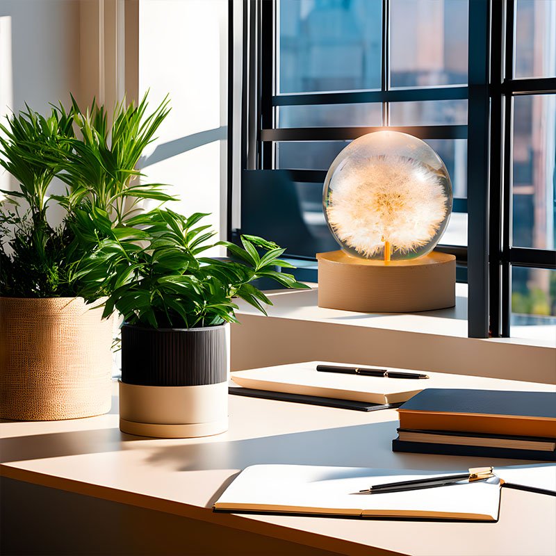 Kristallen bol lamp Lumora met eeuwige bloemen, creëert warm LED sfeerlicht. Perfect als nachtlampje of interieur decoratie.