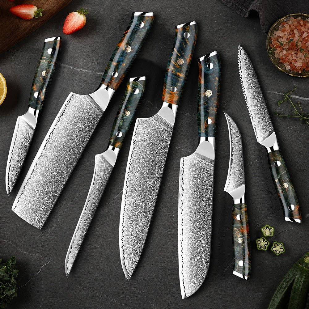 Japanse Damast messenset KairoBlade van VG10 staal, perfect voor precisie in elke keuken.