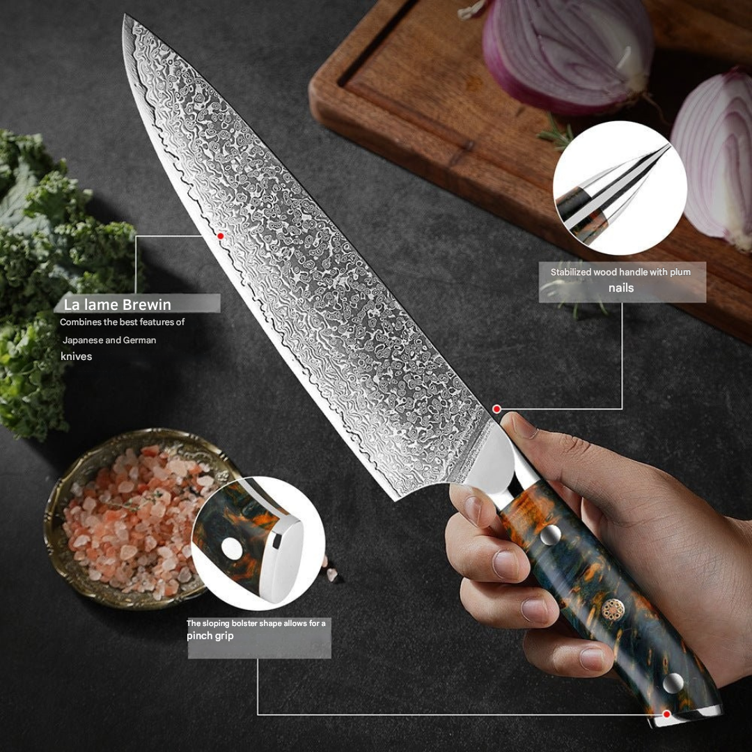 Scherpe VG10 damast messen set, Japanse kwaliteit, ideaal voor professioneel koken.