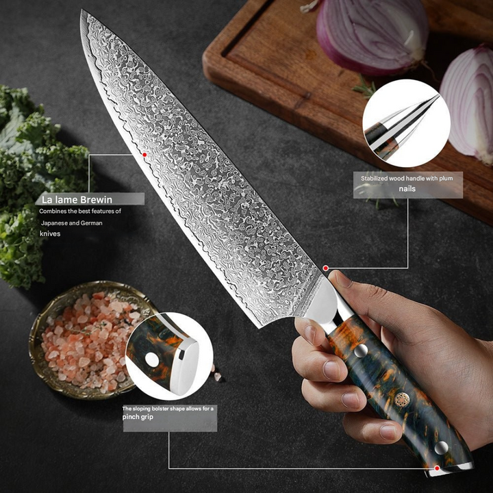 Scherpe VG10 damast messen set, Japanse kwaliteit, ideaal voor professioneel koken.