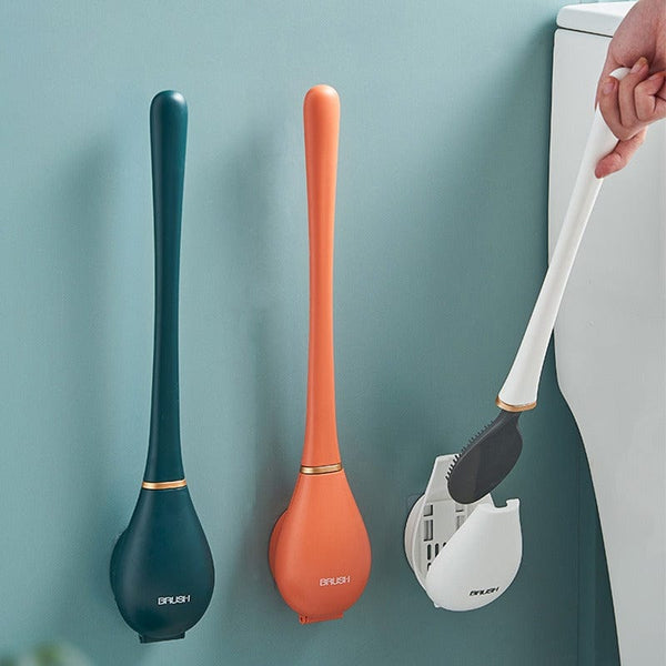 Hygiënische siliconen toilettenborstel met wandhouder en druppelopvang. Ideaal voor moderne badkamers.